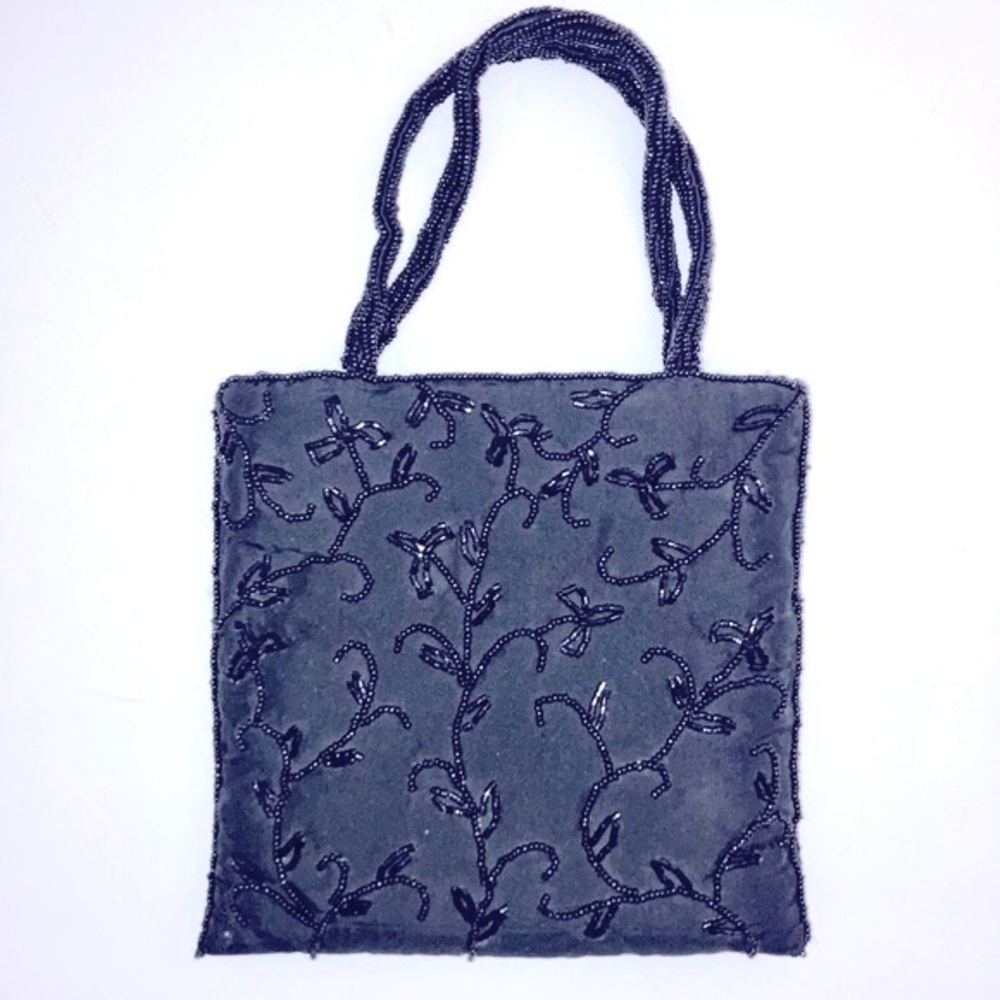 EUC Adorable Little Black Silk Beaded Evening Purse by Glamour.‎